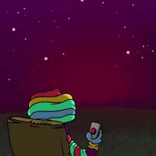a cartoon drawing of a person holding a remote control watching two rockets launch