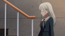 a girl with white hair is standing next to a staircase