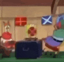 a blurry picture of a room with a suitcase and a few flags on the wall .