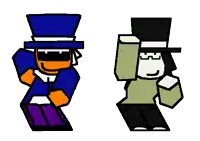 two cartoon characters are standing next to each other wearing top hats and sunglasses .