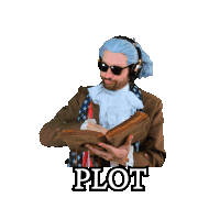 a man wearing a wig and headphones is holding a book with the word plot written on it