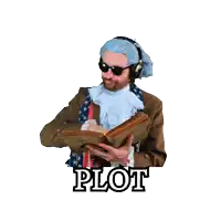 a man wearing a wig and headphones is holding a book with the word plot written on it