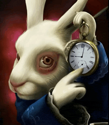 a white rabbit is holding a pocket watch with roman numerals on the face