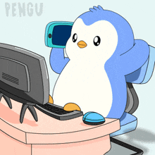 a cartoon of a penguin sitting in front of a computer with the word pengu on the bottom