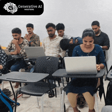 a group of people are sitting at desks with laptops and a generative ai masters logo