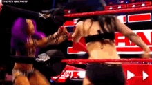two women are wrestling in a ring and one of them is wearing a bra .