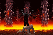 a video game scene shows a man standing over a woman laying on the ground