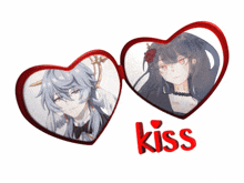 a couple of anime hearts with the word kiss on the bottom