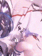 a close up of a cartoon character 's face with a purple hair and a red eye .