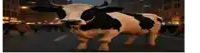 a black and white cow with horns is walking down a street