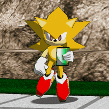 a cartoon character with a yellow head and red shoes is holding a green object