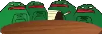a group of green frogs are sitting around a table smoking cigarettes .