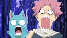 a cartoon character with a surprised look on his face is holding a cat