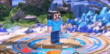 a man in a minecraft video game is standing in a circle in front of a waterfall .
