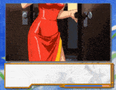 a woman in a red dress is opening a door