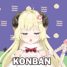 a cartoon girl with horns is holding a harp and the word konban is above her