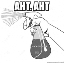 a black and white drawing of a hand spraying a spray bottle with the words aht aht