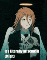 a girl in a suit and tie holding a skull with the caption it 's literally arisemisit [ misit ]