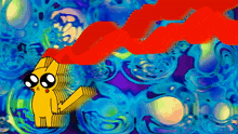 a colorful painting of a pikachu with a red smoke coming out of its mouth