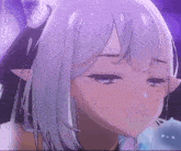 a close up of a cartoon girl with white hair and ears .