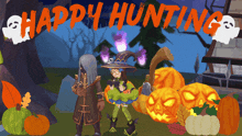 a happy hunting poster with a ghost and pumpkins in the background