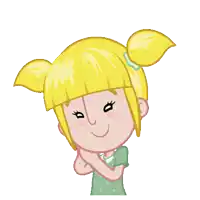 a cartoon girl with blonde hair and pigtails is smiling with her hands on her face