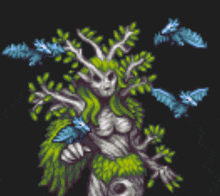 a pixel art drawing of a tree goddess with birds around her