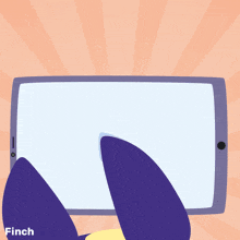a cartoon of a bird looking at a tablet with the word finch on the bottom right
