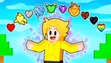 a boy in a yellow hoodie is surrounded by hearts .