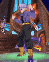 a cartoon character is dancing in front of a building with the number 7 on the floor