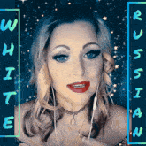 a woman wearing ear buds and a choker stands in front of a blue background that says russian white