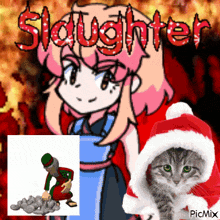 a picture of a girl and a cat with the word slaughter on the top