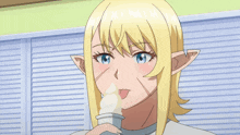a woman with blonde hair and blue eyes is licking an ice cream cone with her tongue out