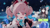 a pixel art of a girl with pink hair and blue eyes standing next to a man with a wolf 's head .
