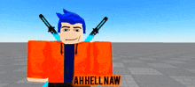 a boy with blue hair is wearing an orange shirt with ahhellnaw written on it