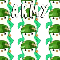 a seamless pattern of penguins wearing military helmets with the word army written above them