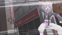a girl is standing in front of a sign that says game amusement arcade