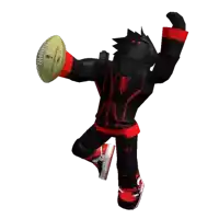 a person in a black and red outfit is holding a football with the word nfl on it