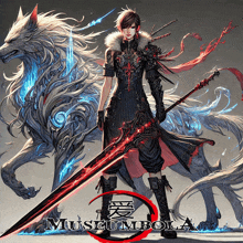 a man holding a red sword stands in front of a white wolf with museum bola written in the corner