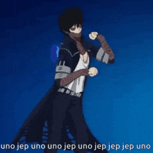 a cartoon character is standing in front of a blue background with the words uno jep uno uno jep uno jep jep uno