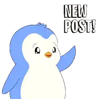 a blue and white penguin says " new post " in black letters