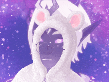 a purple and white cartoon character wearing glasses and a hood