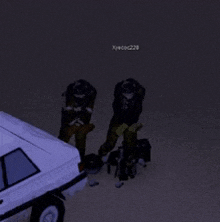 two men are standing next to a white car with xvec0c228 written on the bottom