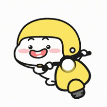 a cartoon character is wearing a yellow helmet and holding a scooter .