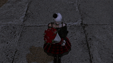 a woman in a black and red plaid dress holds a bouquet of red roses