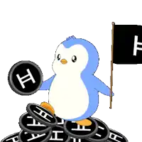 a penguin is holding a flag with the letter h on it