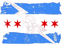 a blue and white flag with red stars and a lightning bolt on it