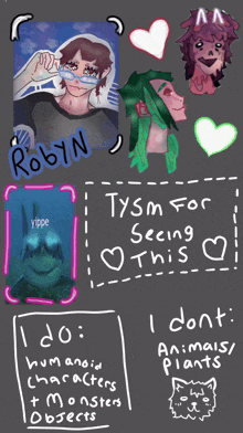 a poster that says ty sm for seeing this i do humanoid characters monsters and objects