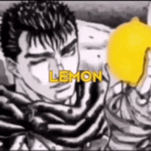 a black and white drawing of a man holding a lemon with the word lemon written on it