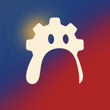 a blue and red background with a white gear with two eyes on it
